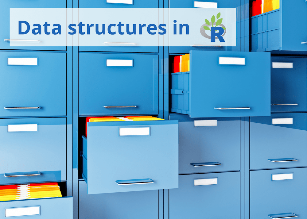 Image of file cabinets with text 'Data Structures in R'