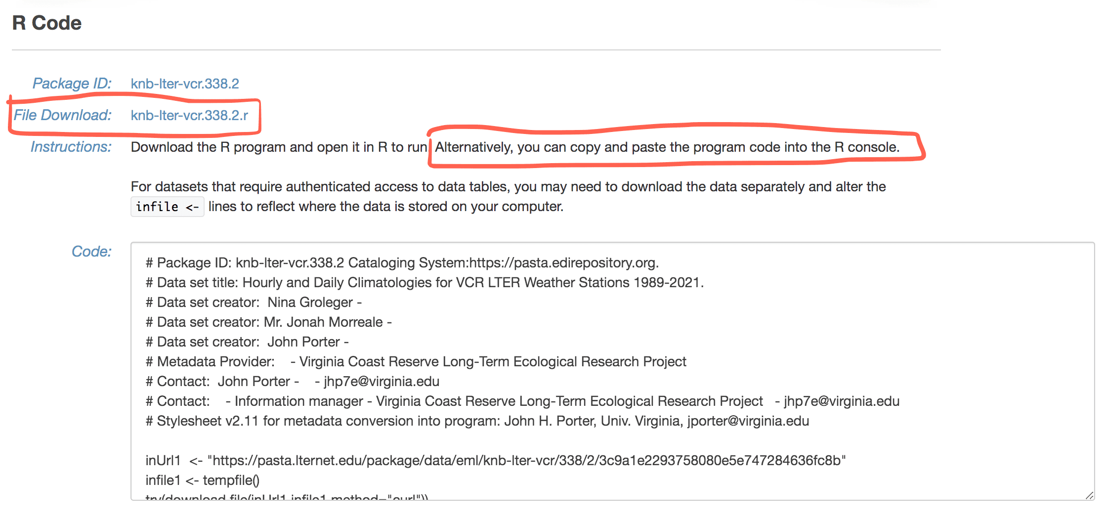 Page where you can download or copy and paste R code to import the data files. Boxes highlight the ways you can implement the code.