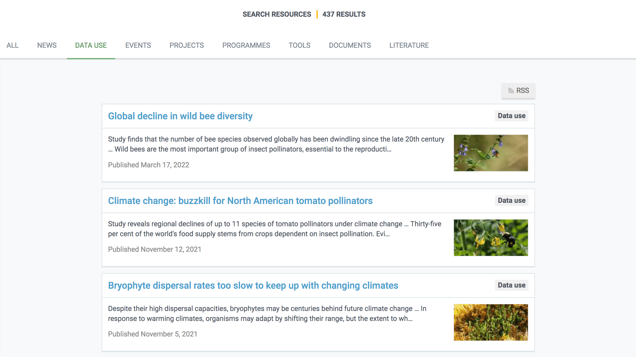 Image showing the Data use tab in the Resources section of GBIF. The articles shown on the page are titled “Global decline in wild bee diversity,” “Climate change: buzzkill for North American tomato pollinators,” and “Bryophyte dispersal rates too slow to keep up with changing climates”.