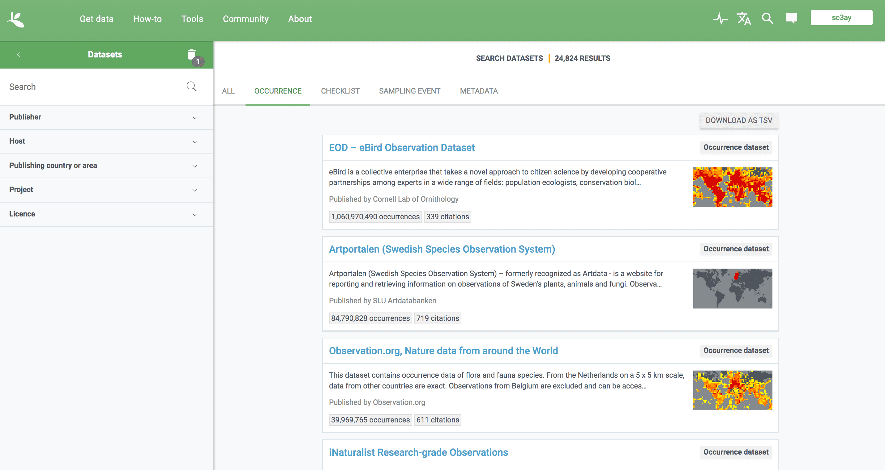 The data set search page in GBIF. The first few data sets listed are “EOD - eBird Observation Dataset”, “Artportalen (Swedish Species Observation System)”, “Observation.org, Nature data from around the world”, and “iNaturalist Research-grade Observations”. You can filter your search by specific data set attributes in the left pane.