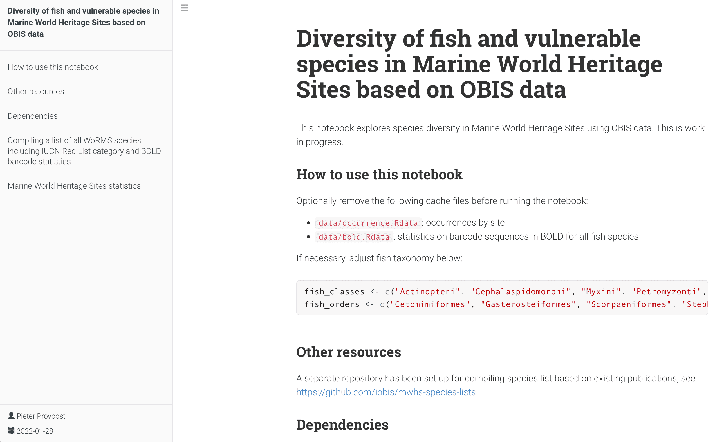 Image of an example analysis done with OBIS data. The document is titled “Diversity of fish and vulnerable species in Marine World Heritage Sites based on OBIS data.