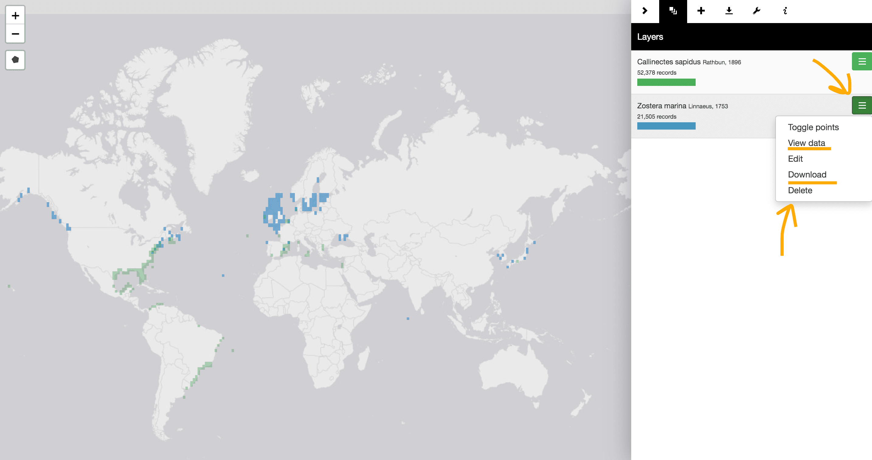 Image of map showing blue crab distributions in green and eelgrass distributions in blue. The drop down menu shows options to toggle the point appearances, edit the layer, view or download the data, or delete the layer.