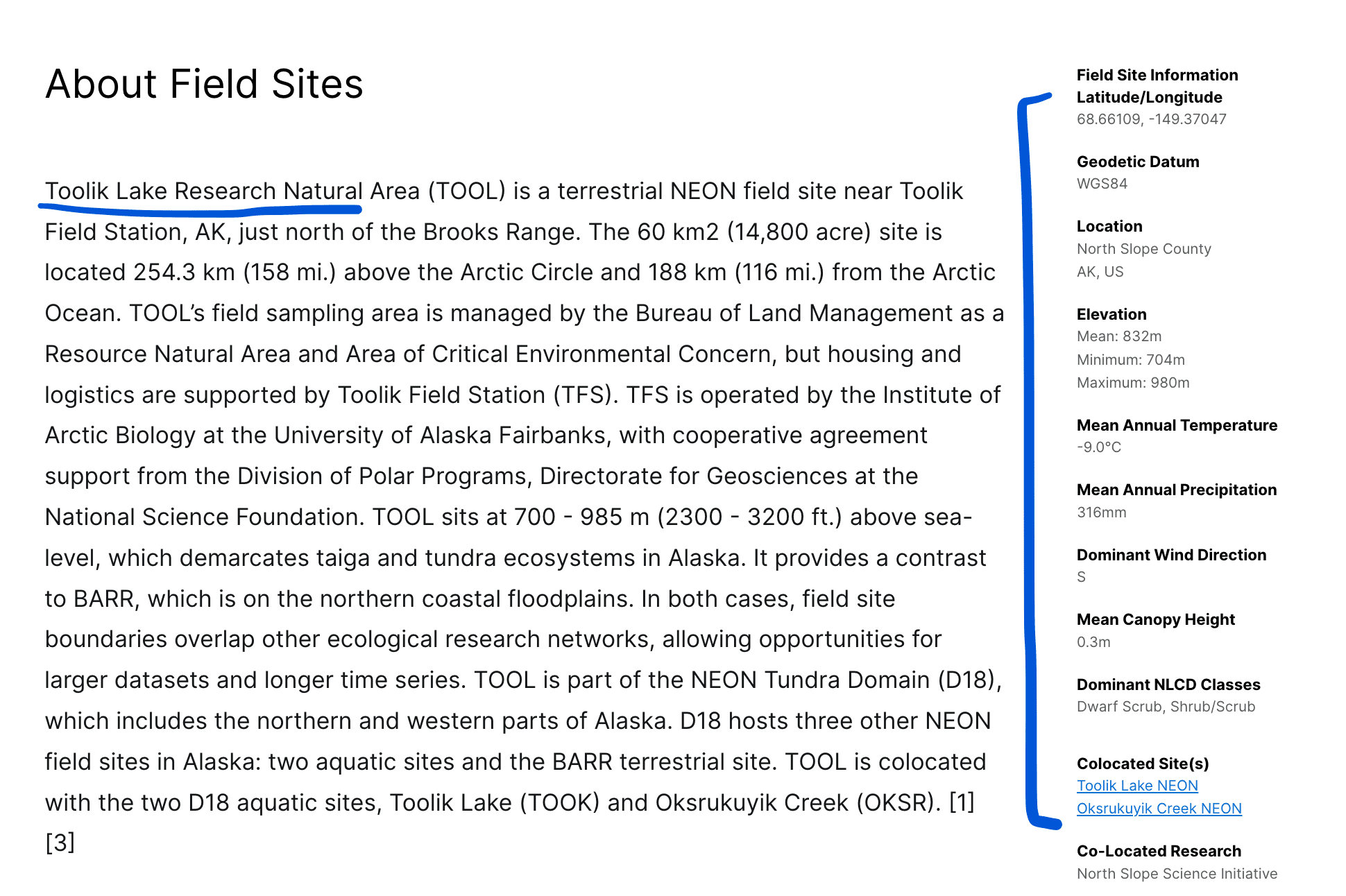 Image of Toolik Lake Research Natural Area site information page. It shows a paragraph of text giving background about Toolik. The right side of the page has a side panel listing different types of information about the site, like the dominant land cover classes, the dominant wind direction, mean canopy height, mean annual temperature and precipitation, etc.