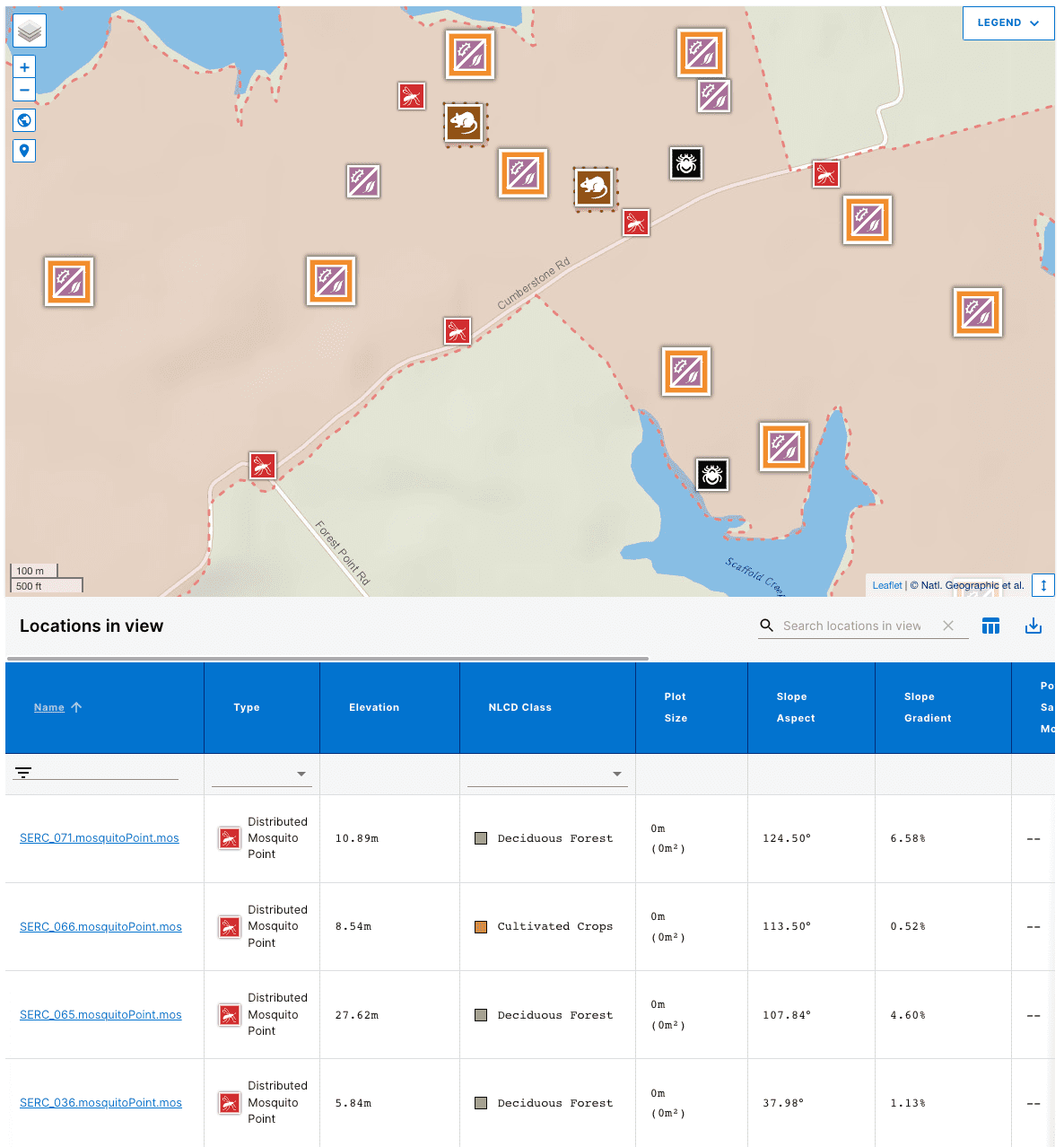 Map showing locations of specific research plots at the Smithsonian Environmental Research Center. There is a table below with corresponding information about each plot, including what measurement was taken there, the elevation, the land cover, the plot size, and slope.