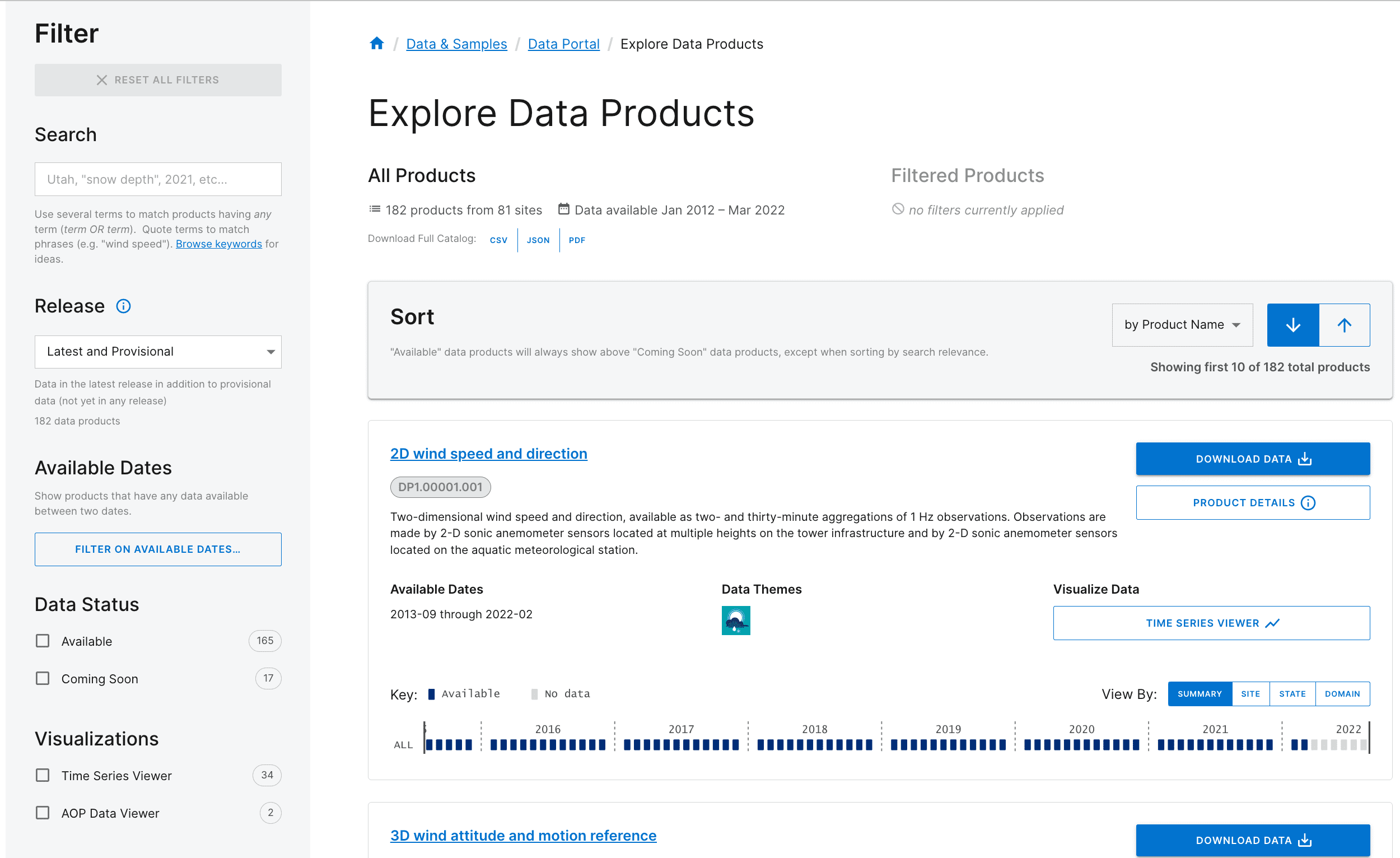 Image of the “Explore data products” page. The left panel allows you to filter your search by several different data set attributes. The first data set listed is called “2D wind speed and direction”.