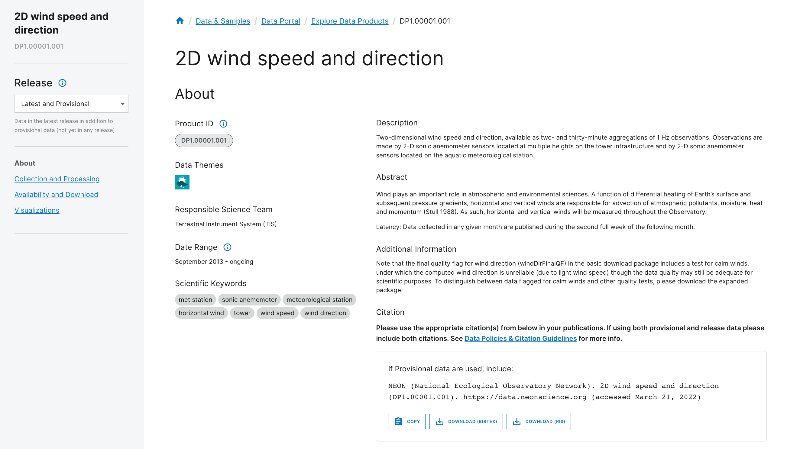 Image showing the 2D wind speed and direction data page. The left side is a navigation pane and the right side shows information like a description of the data, an abstract, additional information, and a citation.
