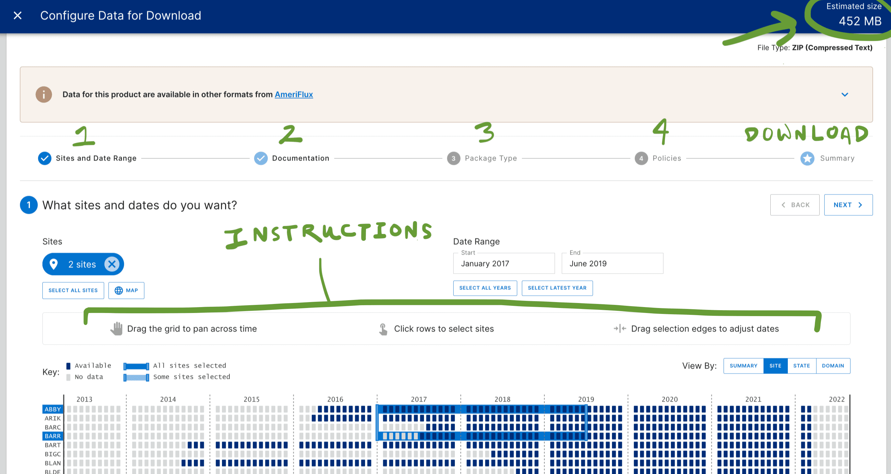 Image showing the data download window. First, you choose the research sites and dates that you want data for. Then you choose whether you want to download associated documentation. Then you choose whether to download a basic data package or expanded data package, with quality assurance and quality control metrics. You need to agree to NEON terms, and then you can download your data!