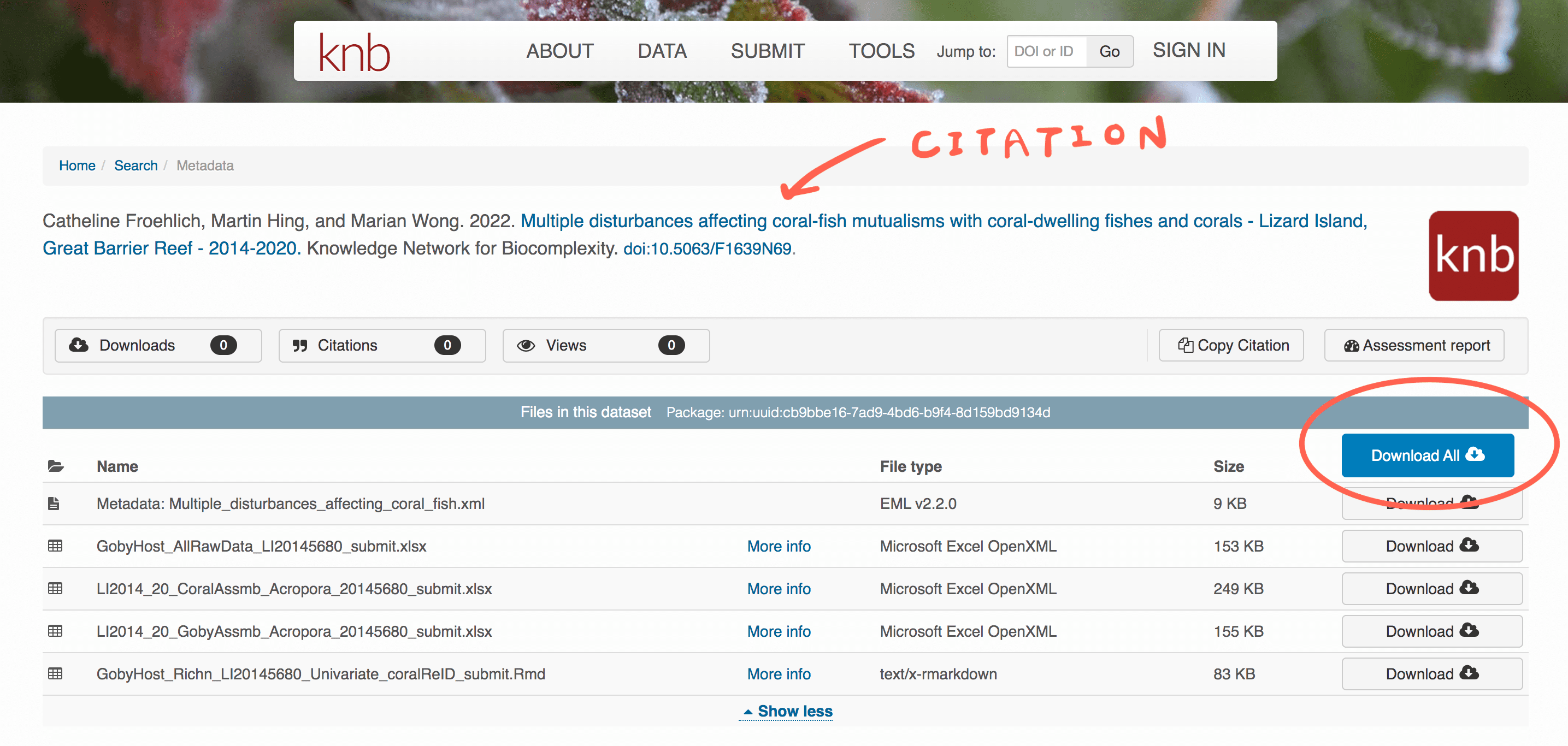Image showing dataset page. The heading is a citation for the data set. The page includes download links for individual files. You can also click the “download all” button to download all files associated with the data package.