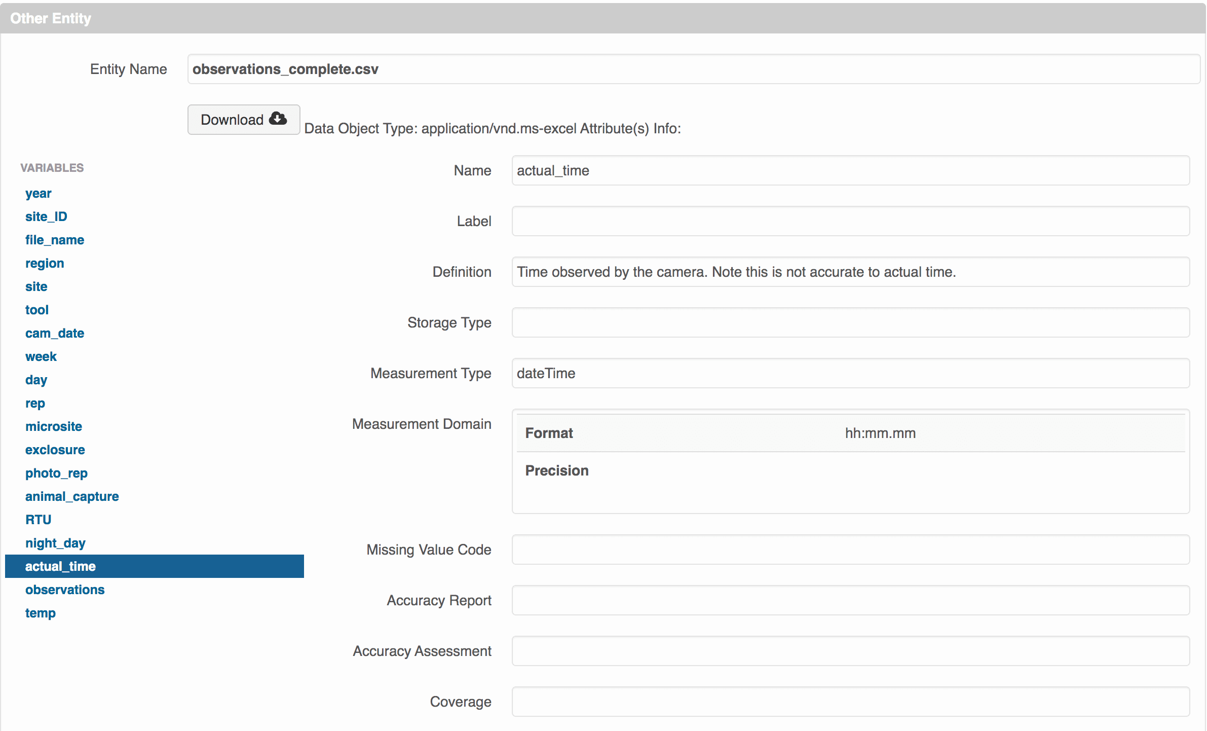 Image of metadata for the file called “observations complete”. There is a list of variables on the left side. The screen shows the description for the variable “actual_time”, which is described as the “Time observed by the camera. Note this is not accurate to actual time”. The metadata also shows the measurement type as “dateTime”, and tells us how the data is formatted in the .csv file.