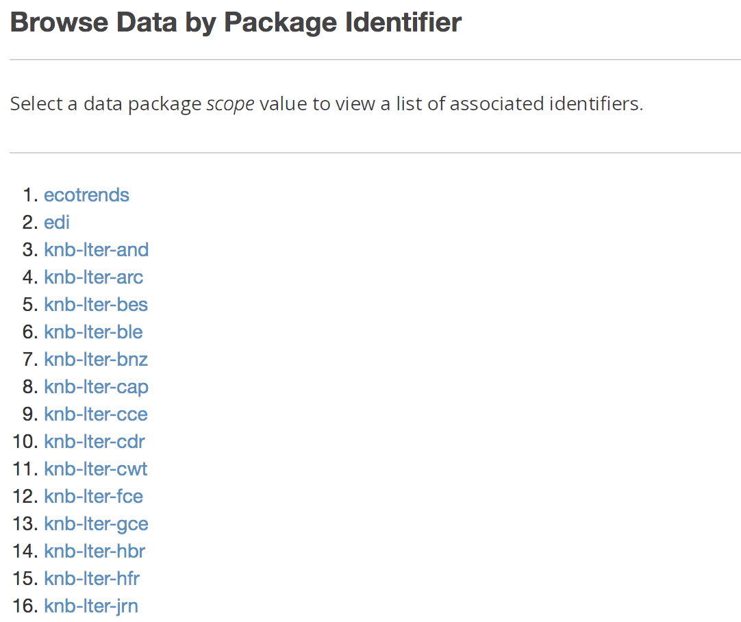 Page where you can browse data by package identifier. The identifiers are just listed and linked.