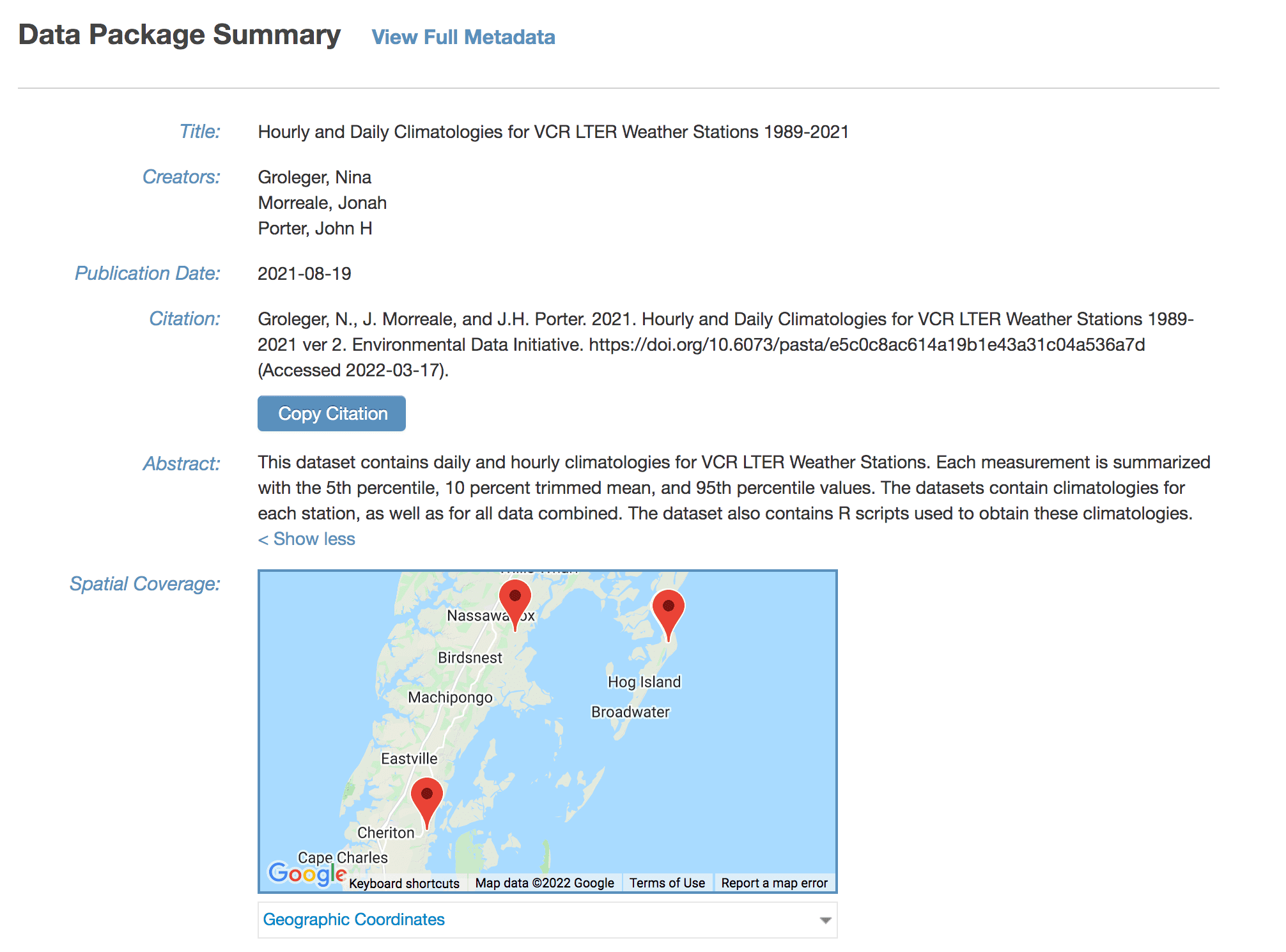 Page for an example data set describing hourly and daily climatologies for VCR LTER weather stations from 1989 to 2021.