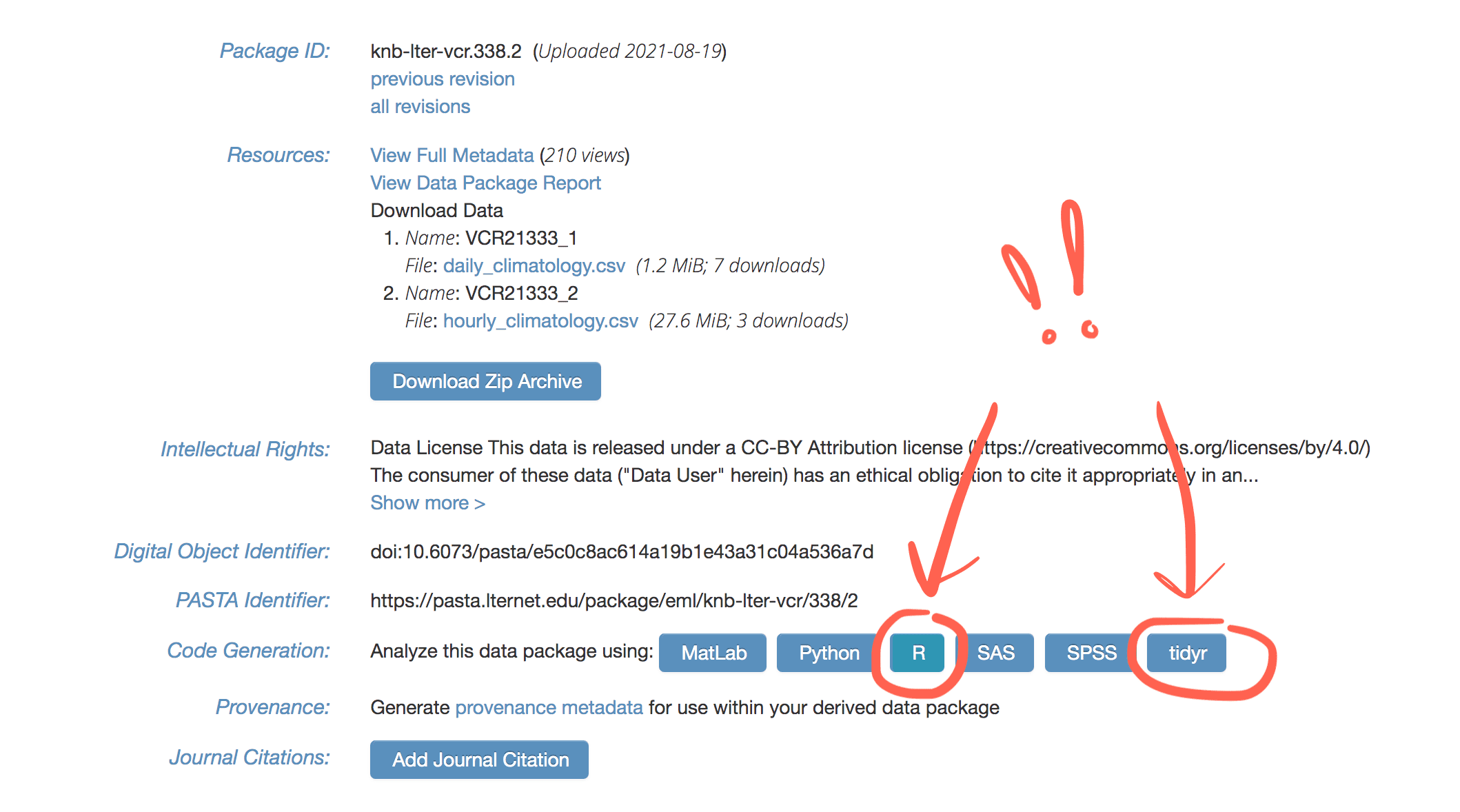 Page where you can see links for code generation. You can choose from MatLab, Python, R, SAS, SPSS, and tidyr. There are arrows pointing to the R and tidyr options, highlighting them.