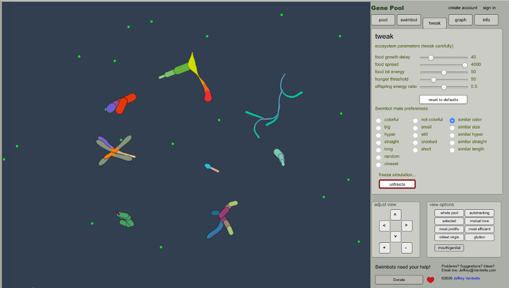 Screenshot of Gene Pool simulation showing swimbot organisms on the left and toolbars for the simulation on the right