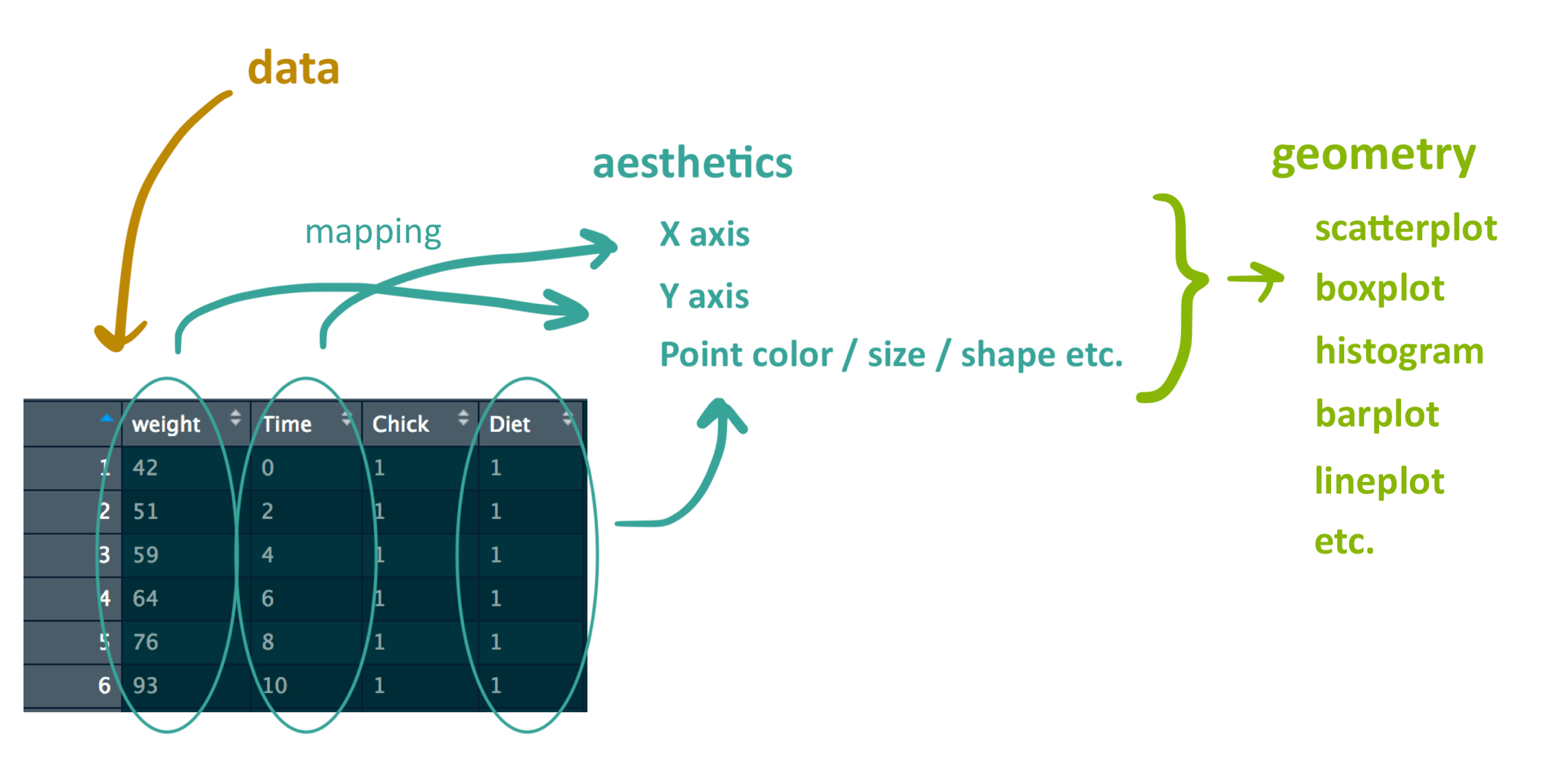 Image showing the data, how we mapped the data to the aesthetics, and how we moved on to the geometry of the plot.