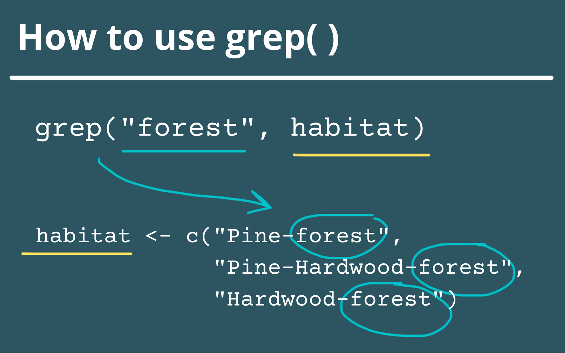 How to use grep, with example text showing the grep function searching for the word forest within a vector of habitat types
