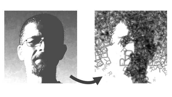 On the left is a black and white portrait and on the right is the image re-created using only the letter 'R'