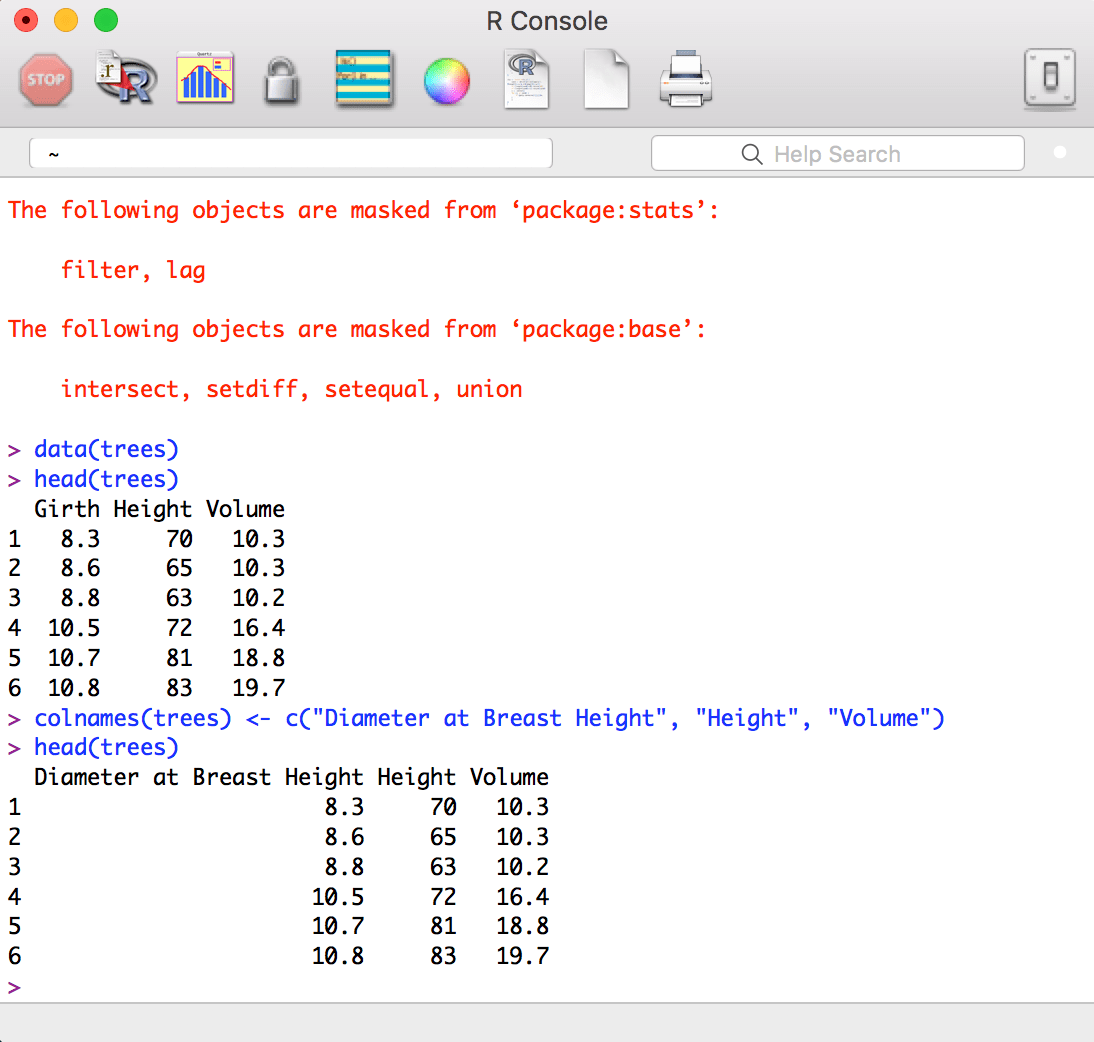 Image showing the plain R console, with the trees dataset loaded up