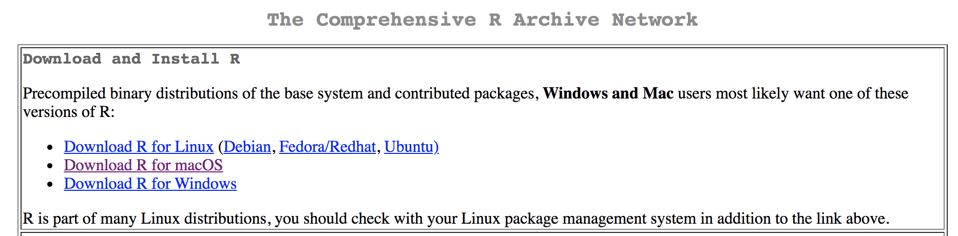 Image showing download options for R.