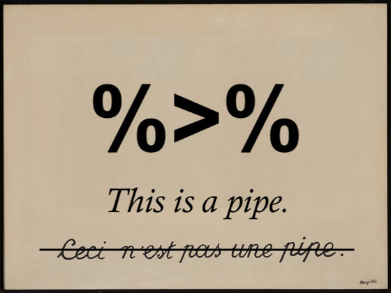 Image of a pipe in R with crossed out text below it reading 'This is not a pipe' in French, in reference to Magritte's painting called 'The Treachery of Images'. There is text on top that says 'This is a pipe.'