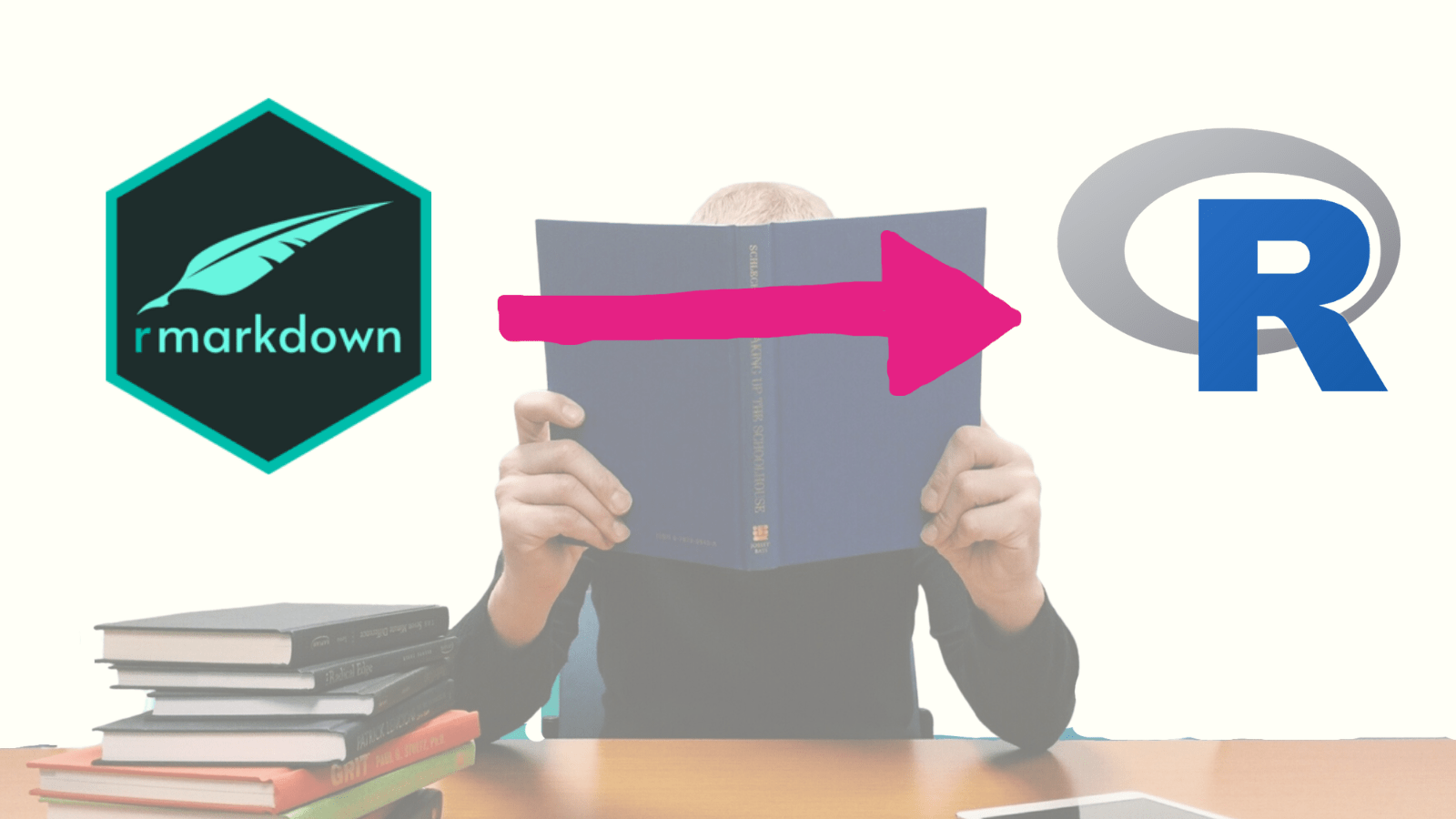 Left side shows the R Markdown logo with an arrow to the right pointing to the R logo. Behind this there is a faded image of someone studying from a book that covers their face.