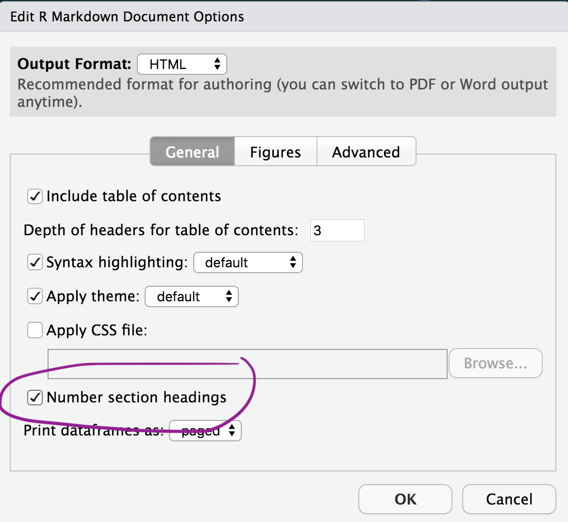 Image showing the “Number section headings” option selected and circled