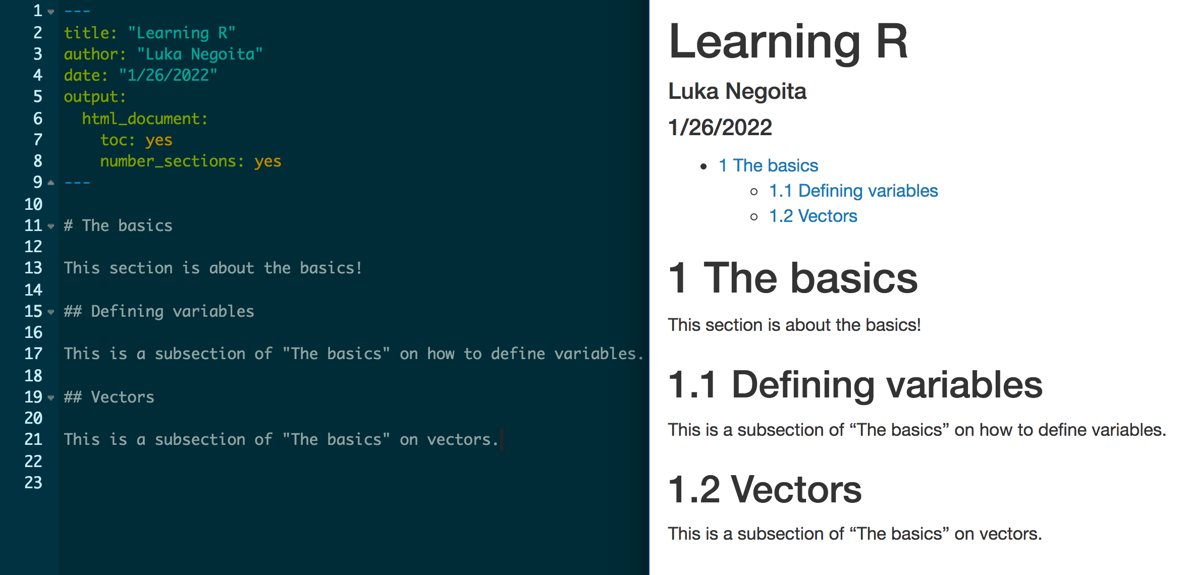 Image of table of contents with sections and subsections. The umbrella section is called “The basics”, and there are two subsections, called “Defining variables” and “Vectors”