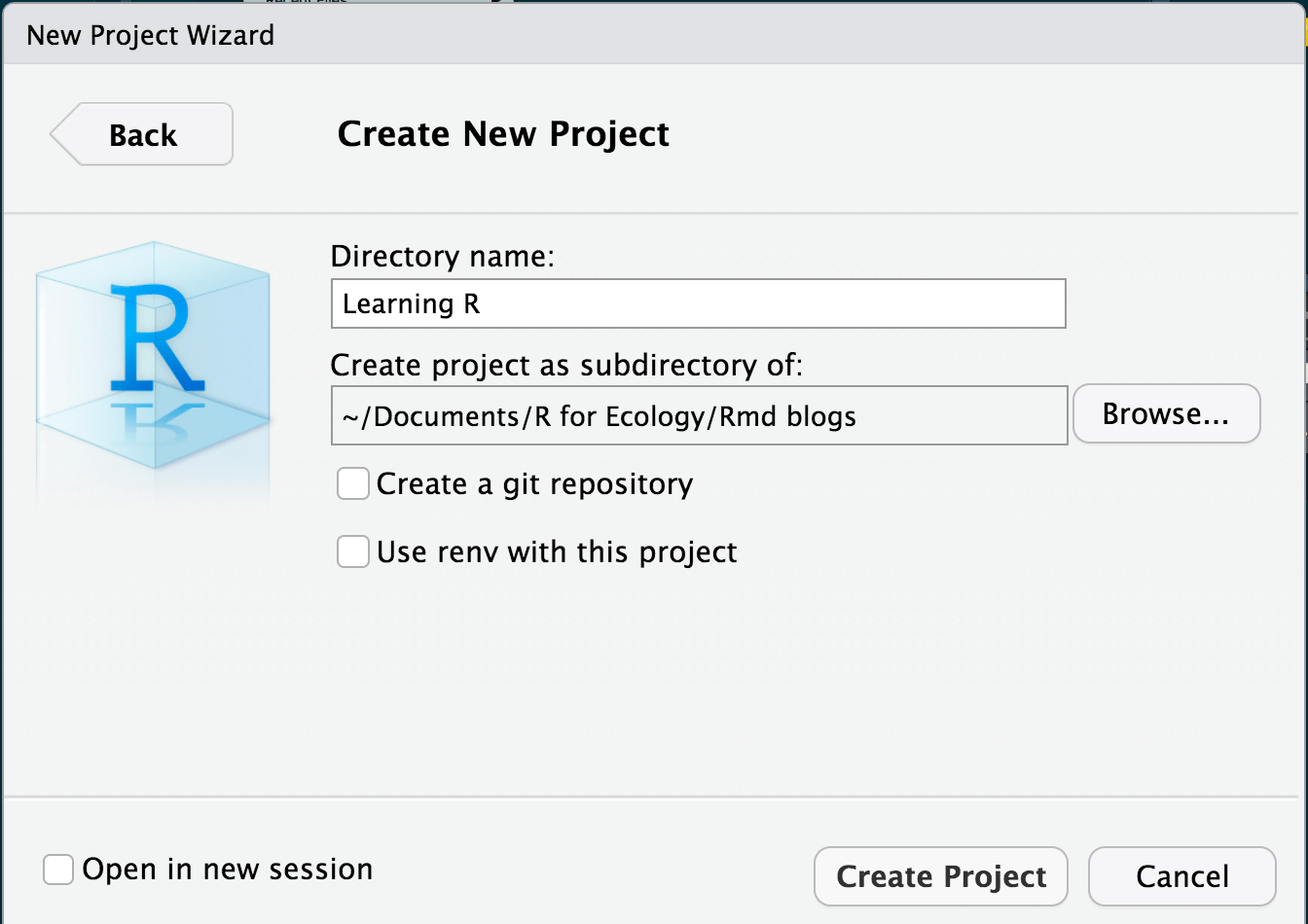 Image of Create New Project window, where you can give your project a name and save it somewhere