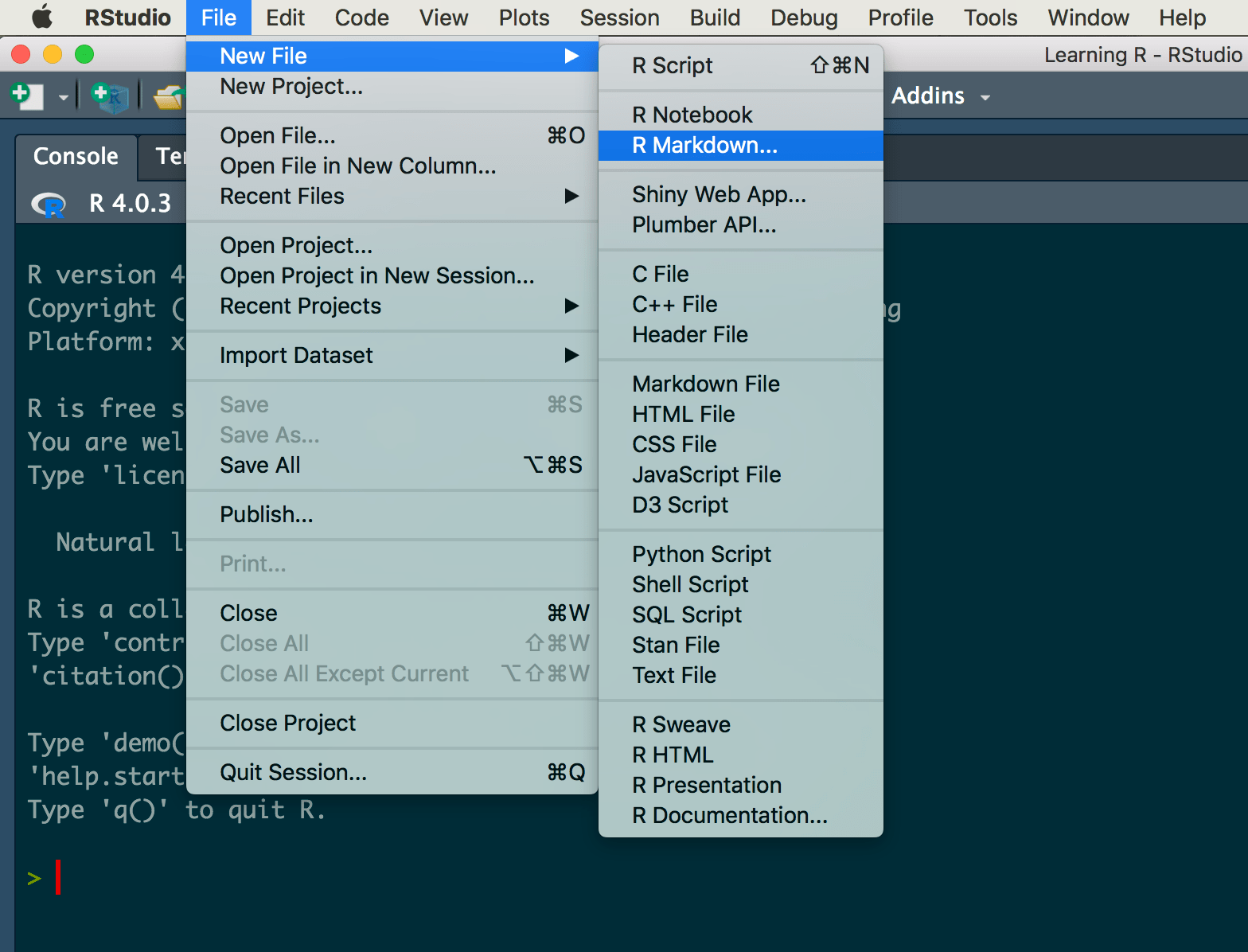 Image showing cursor hovering over File and R Markdown