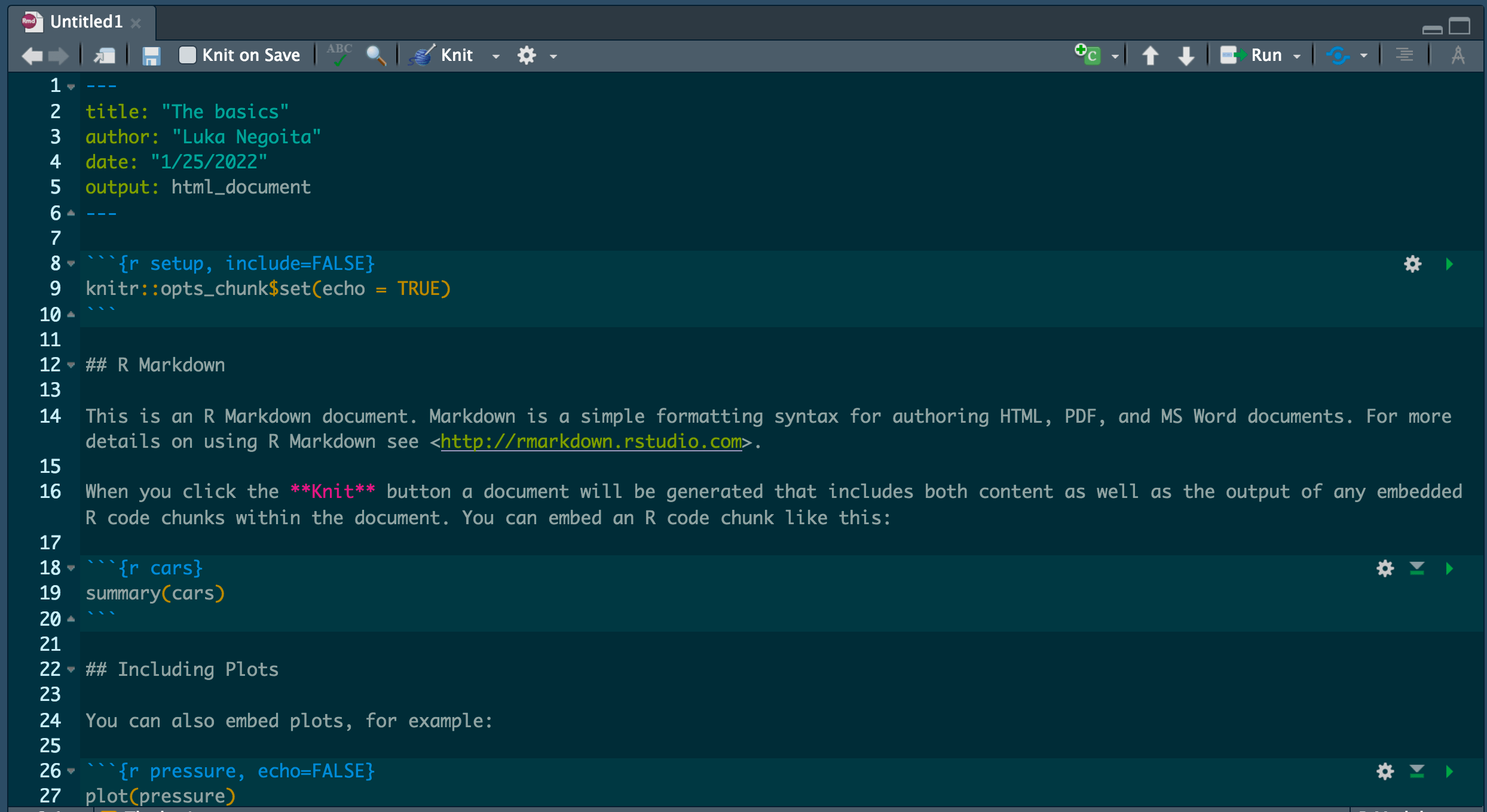 Image showing new R Markdown document titled “The basics”
