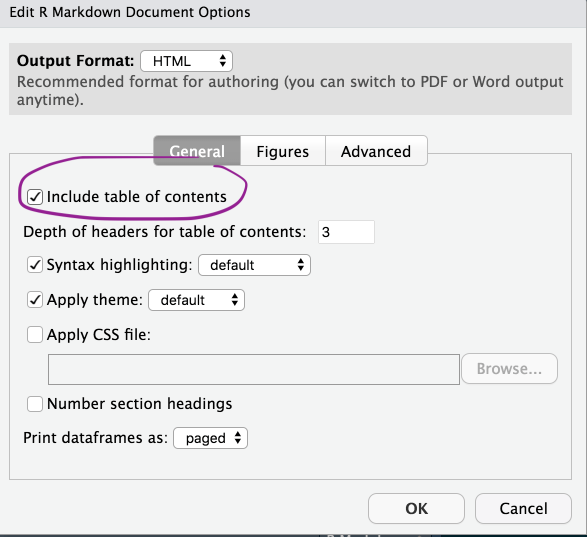 Image with the option “include table of contents” selected and circled