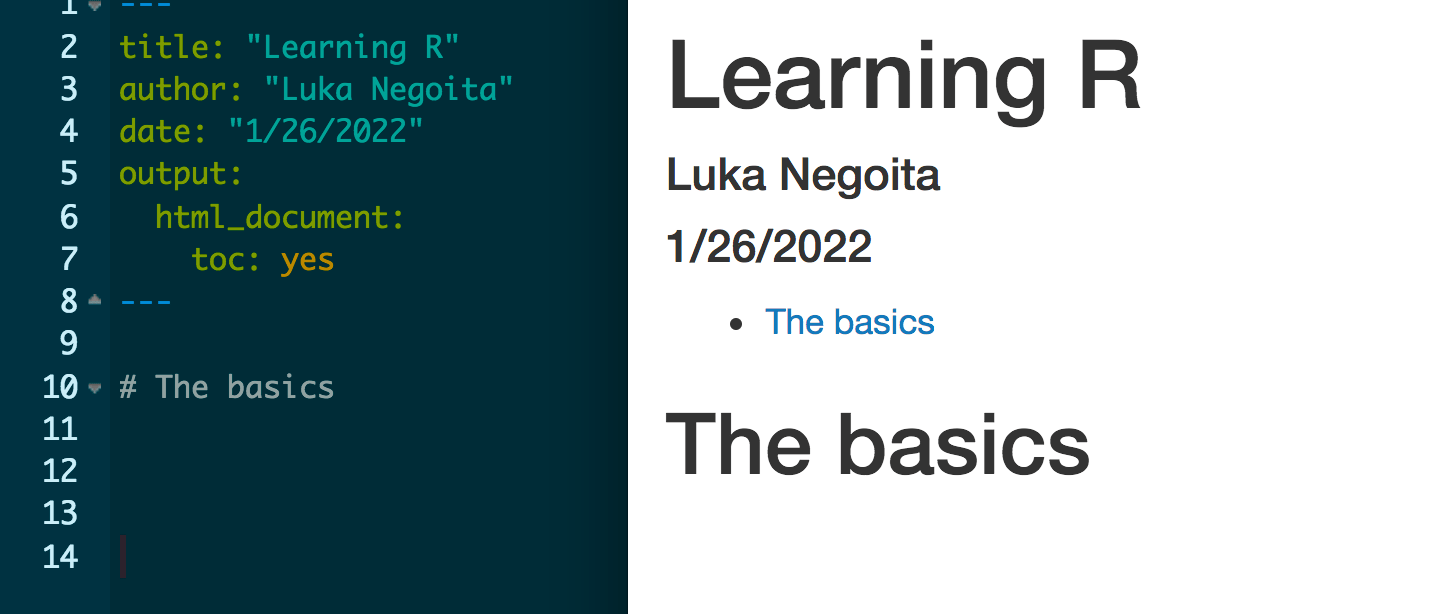 Image showing a side by side comparison of the R Markdown code with the knitted R Markdown document. The knitted document has a table of contents at the top with a hyperlink that takes you to the section called “The basics”