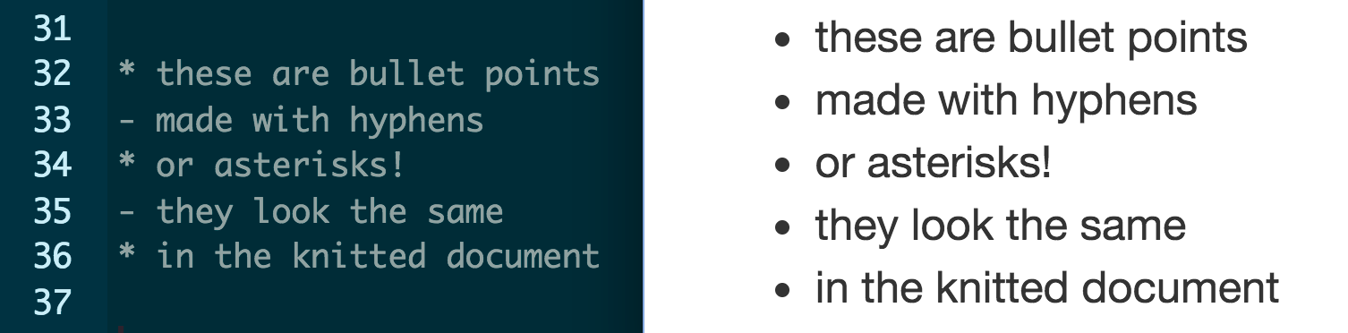 Example bullet points using hyphens and asterisks. They look the same in the knitted document.