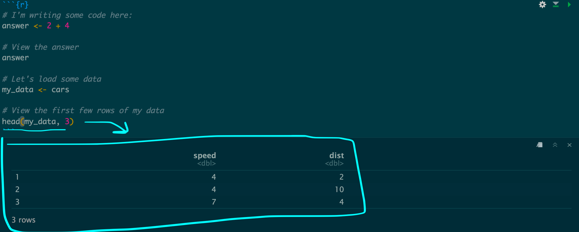 Code output appearing below the code chunk in RStudio