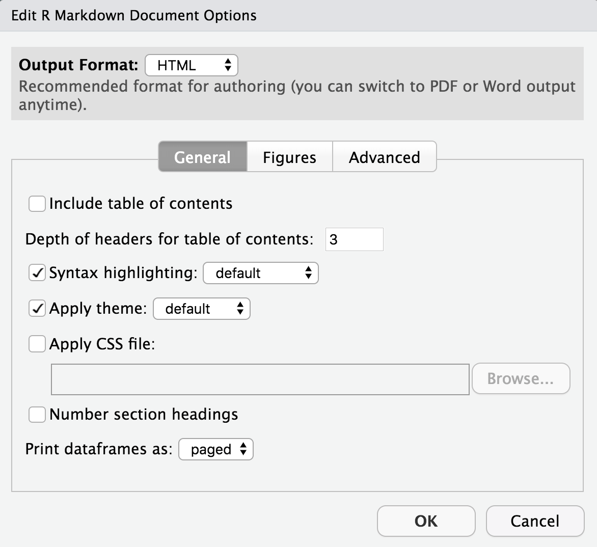 window showing different options for changing the look of your final R Markdown document, like theme and table of contents