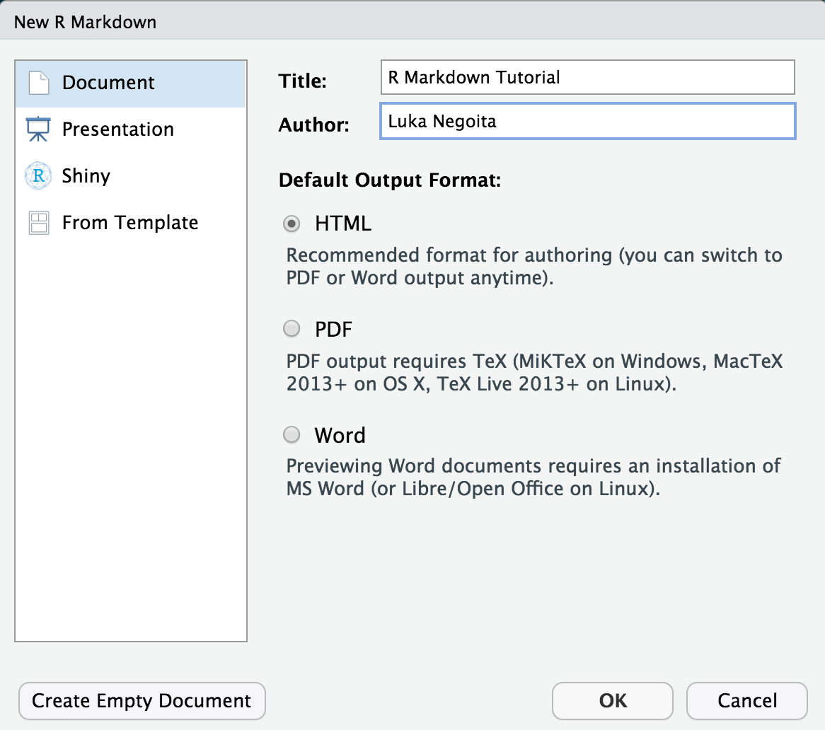 Image showing window where the title is “R Markdown Tutorial”, the author is “Luka Negoita”, and HTML is selected as the output