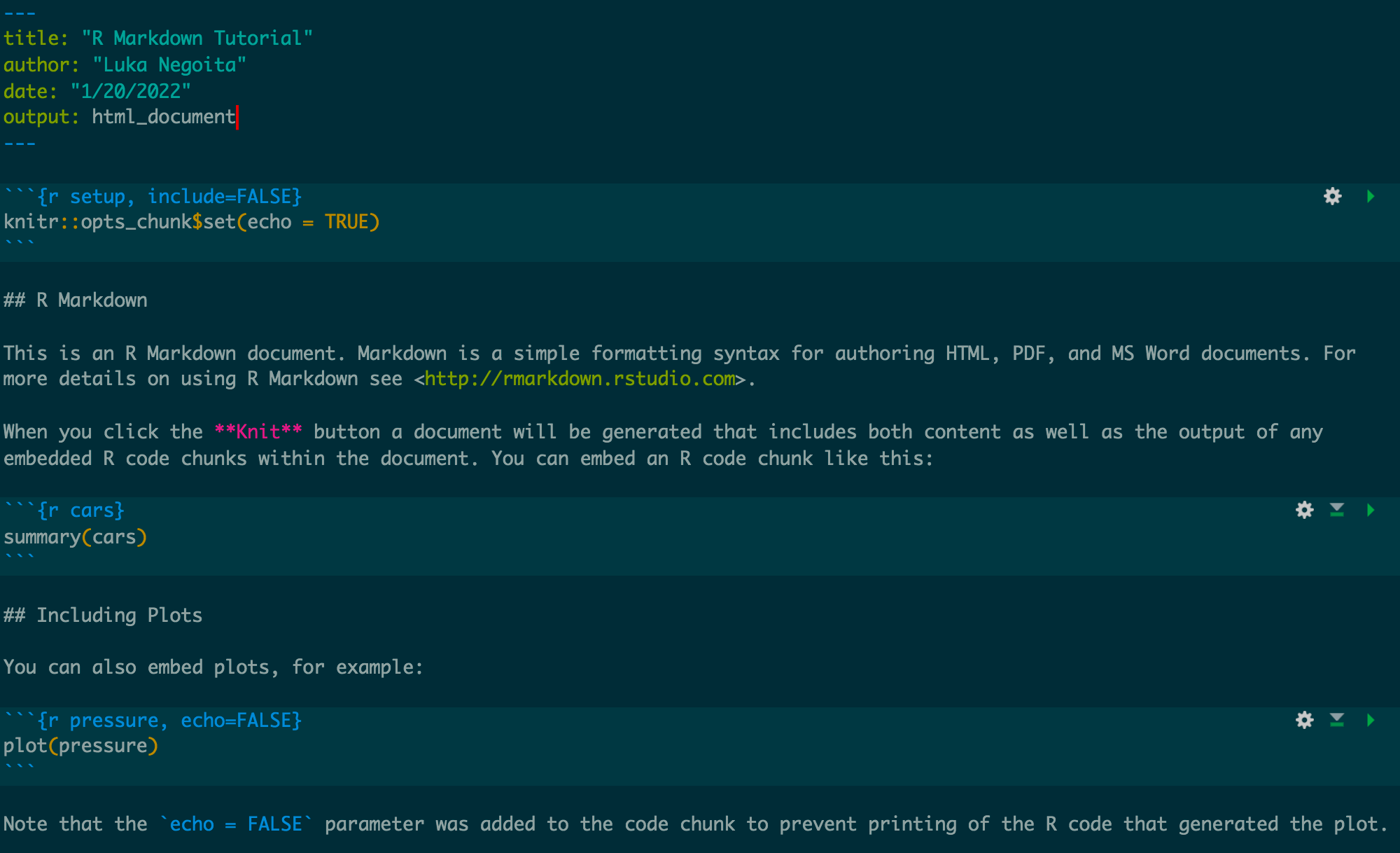 Image showing new R Markdown document that was created, with a bunch of example text