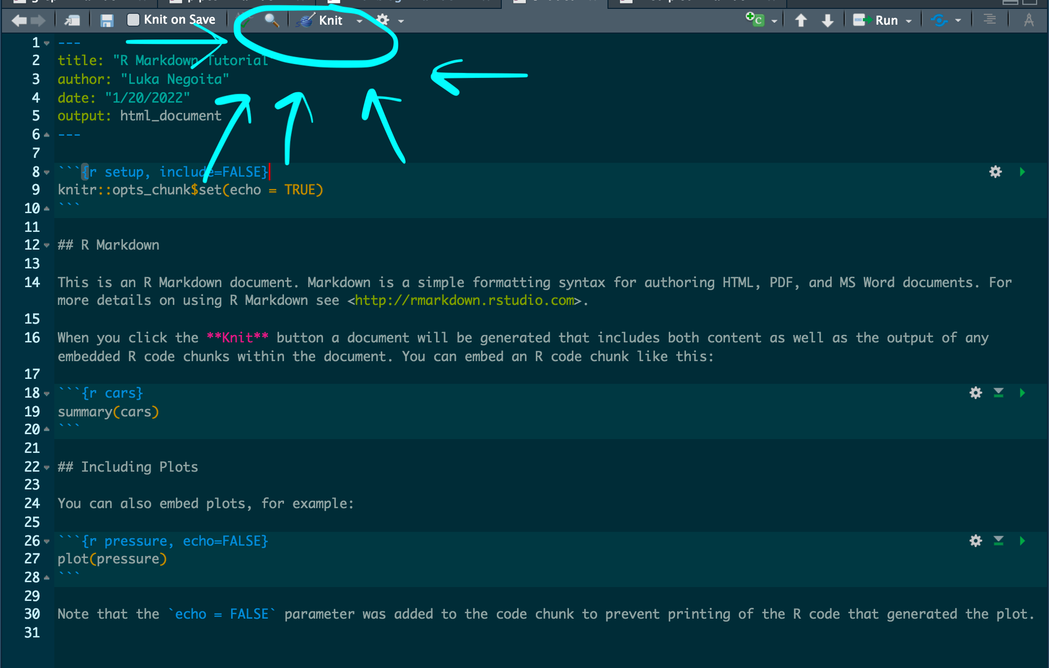 Highlighting the Knit button in the RStudio toolbar at the top of the screen