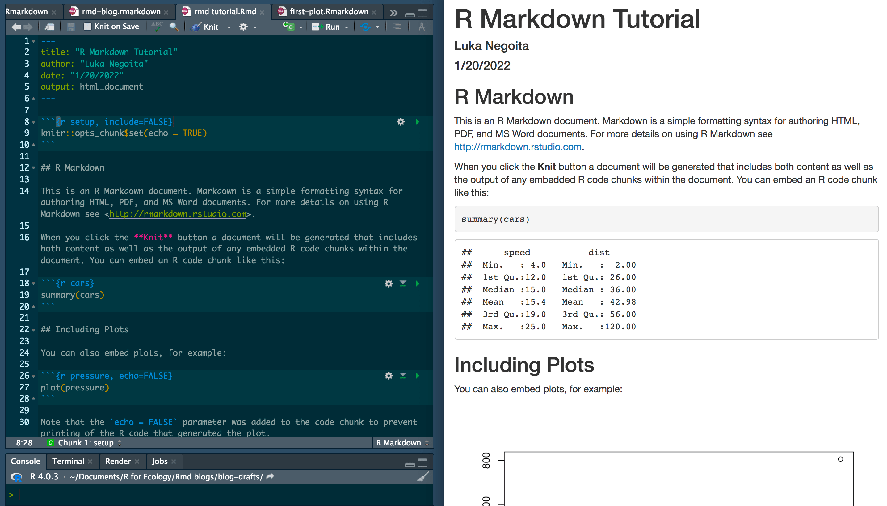 Side by side comparison of R Markdown code with the HTML output