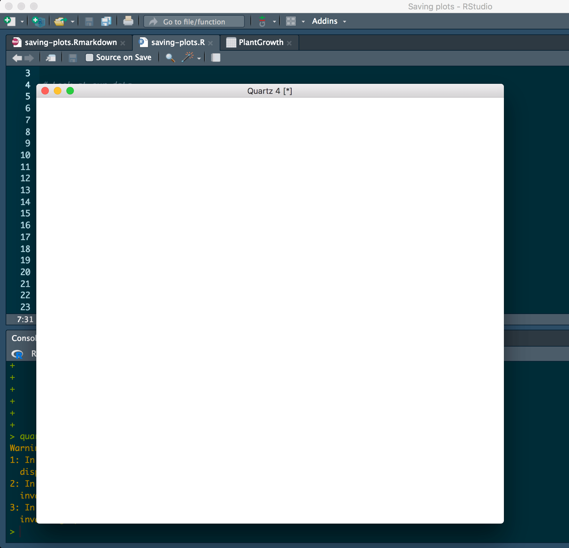 Image showing a blank window opened on top of RStudio.