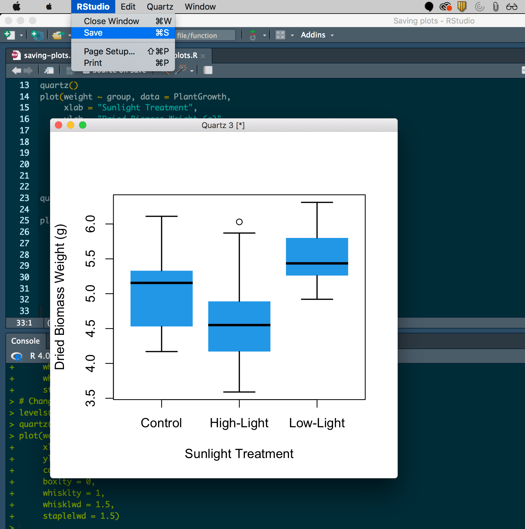 Image showing an appropriately-sized figure with the cursor over the RStudio menu tab and the Save button