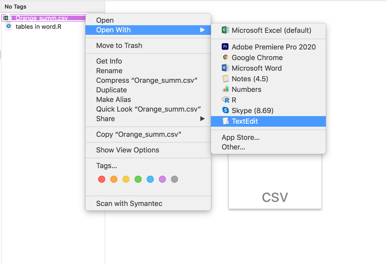 a screenshot from the Mac OS Finder application showing how to use “open with” for opening the csv file in a text editor