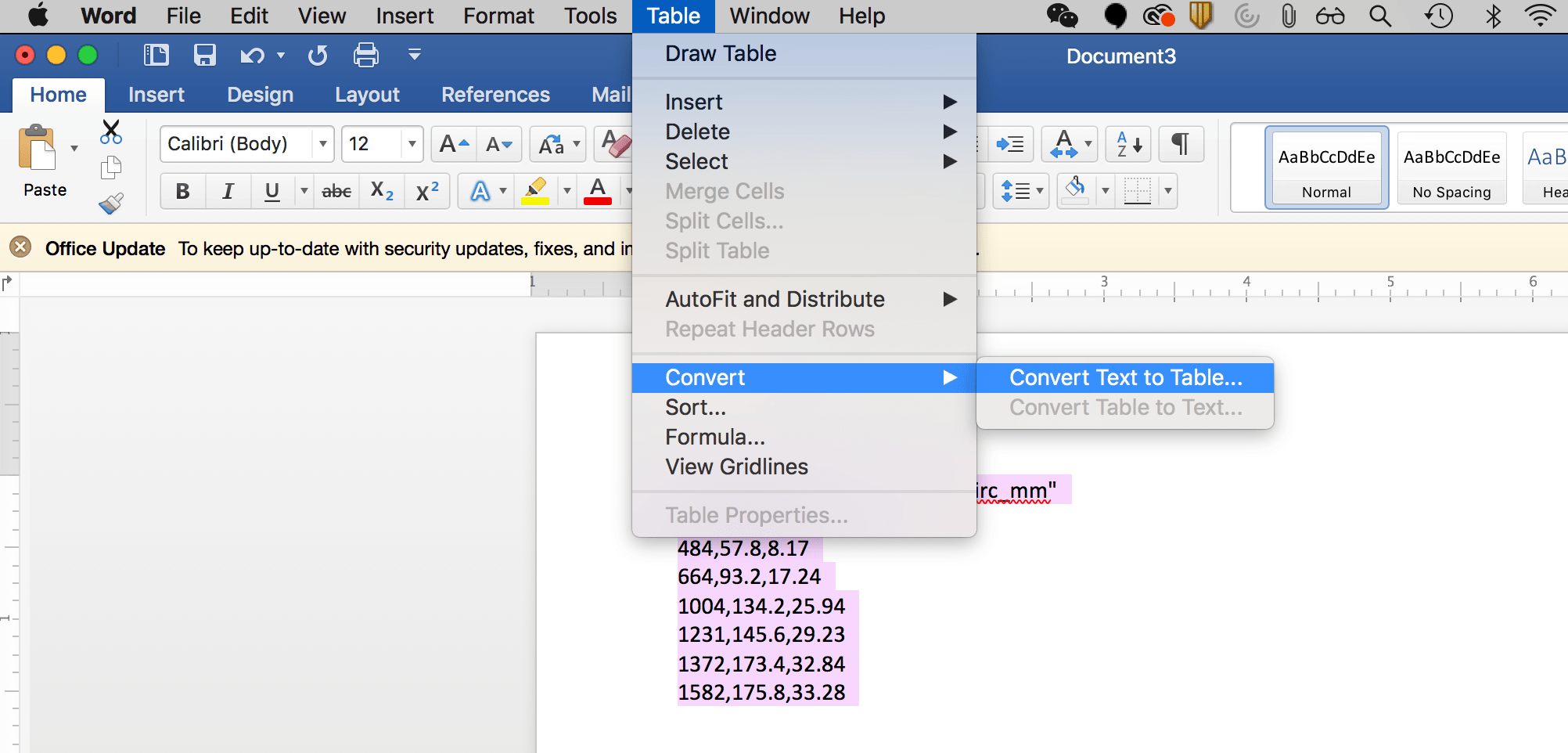 a screenshot from MS word showing how to go to Table » Convert » Convert Text to Table…