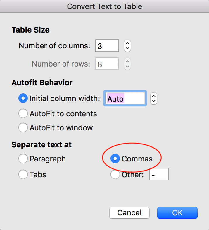 a screenshot from MS word showing the settings for converting text to table