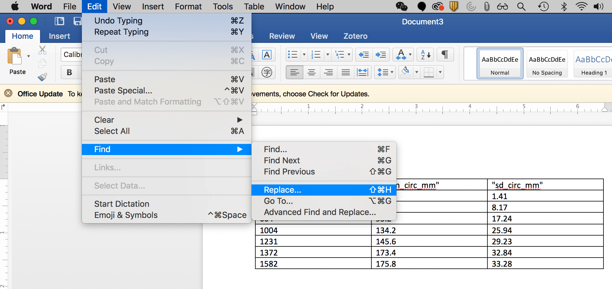 screenshot from MS Word showing how to find “find and replace” for cleaning up the table