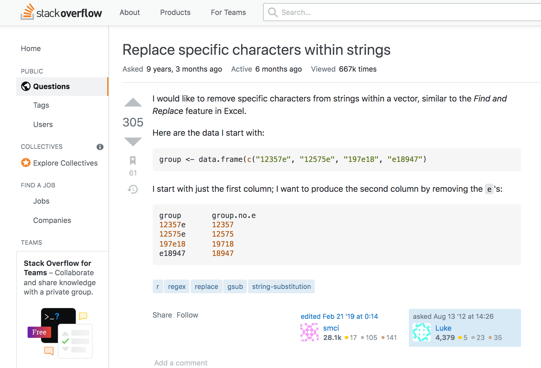 Example StackOverflow post showing someone who wants to know how to replace specific characters within strings in a vector.
